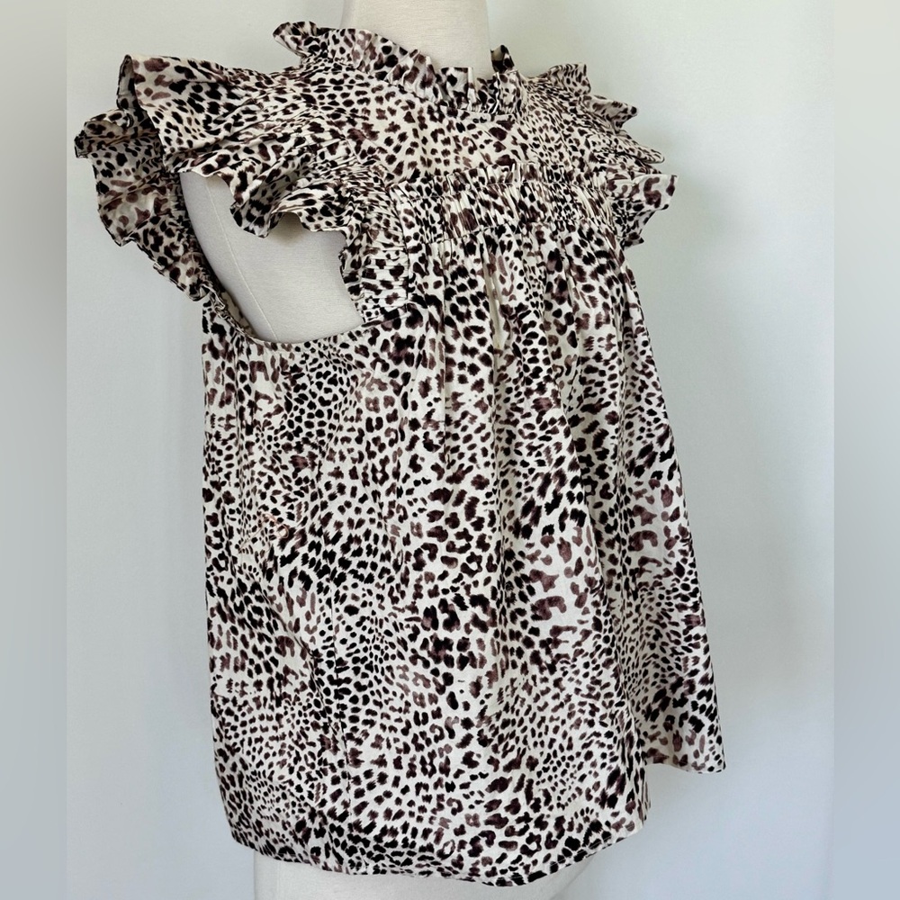 SEA New York Leopard Print Ruffle Mock Neck Flutter Blouse Top Size Medium